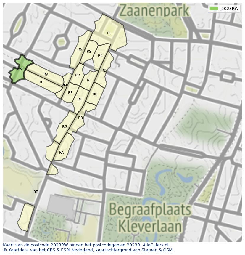 Afbeelding van het postcodegebied 2023 RW op de kaart.