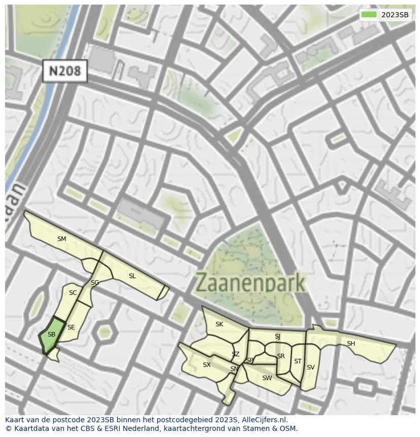 Afbeelding van het postcodegebied 2023 SB op de kaart.