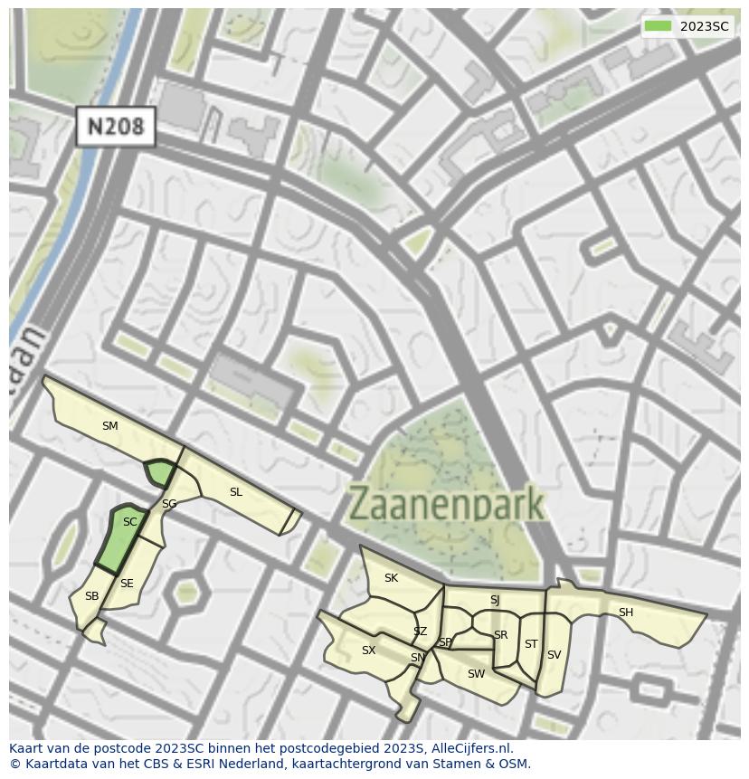 Afbeelding van het postcodegebied 2023 SC op de kaart.
