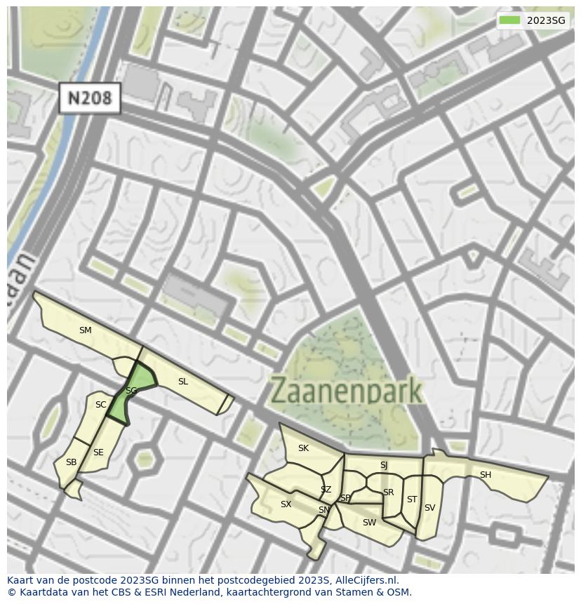 Afbeelding van het postcodegebied 2023 SG op de kaart.
