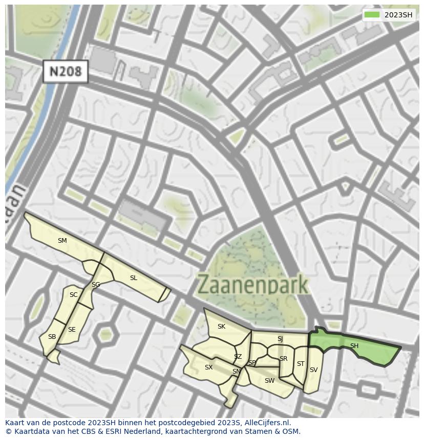 Afbeelding van het postcodegebied 2023 SH op de kaart.