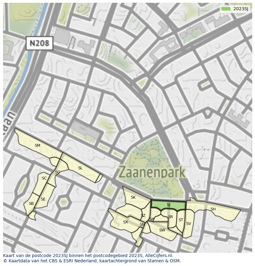 Afbeelding van het postcodegebied 2023 SJ op de kaart.