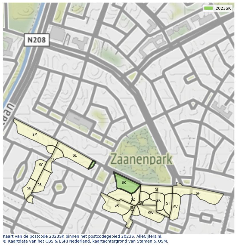 Afbeelding van het postcodegebied 2023 SK op de kaart.