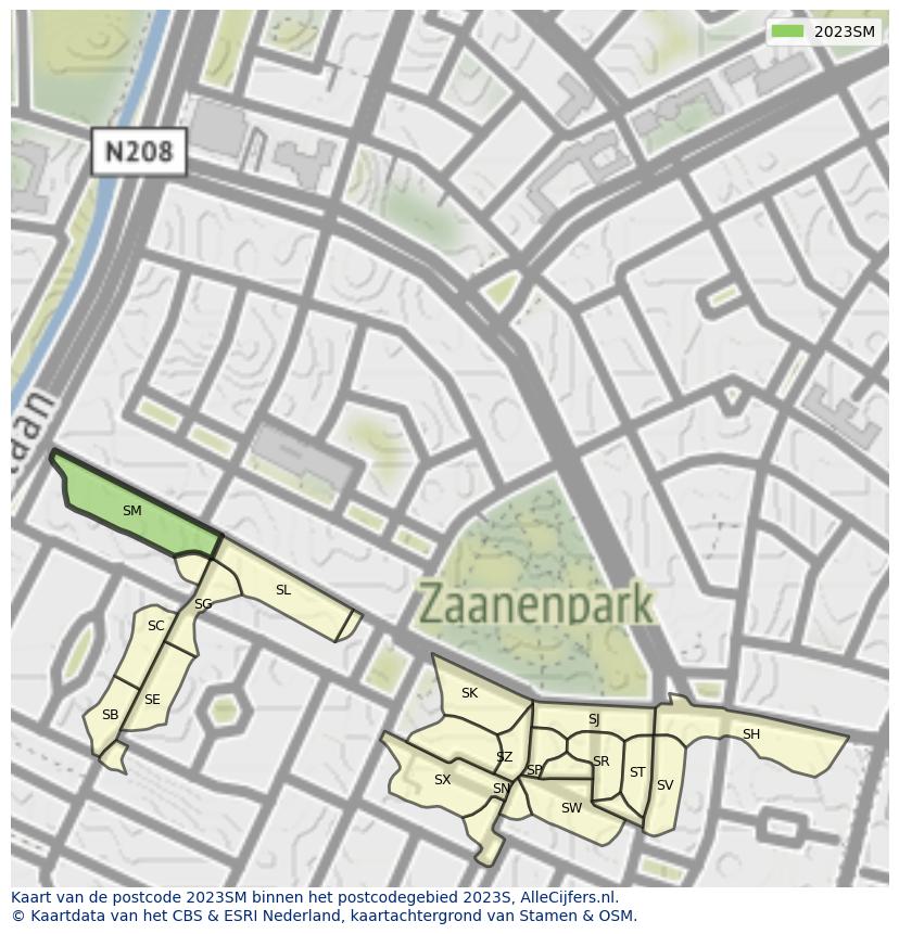 Afbeelding van het postcodegebied 2023 SM op de kaart.