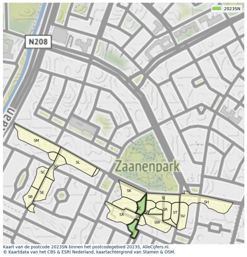 Afbeelding van het postcodegebied 2023 SN op de kaart.
