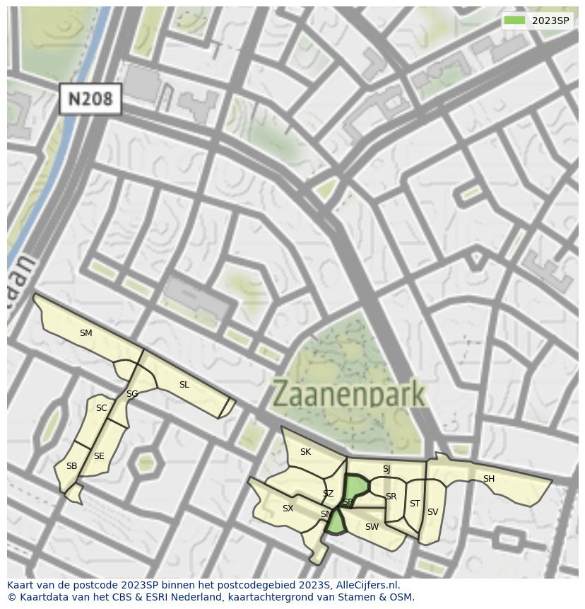 Afbeelding van het postcodegebied 2023 SP op de kaart.