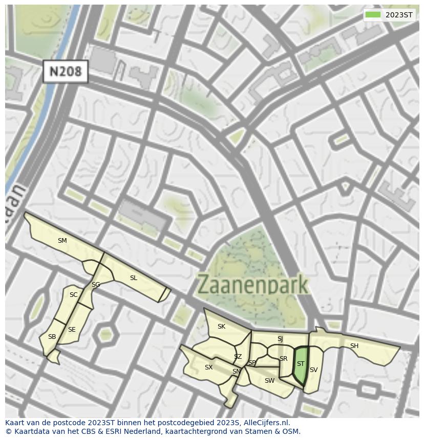 Afbeelding van het postcodegebied 2023 ST op de kaart.