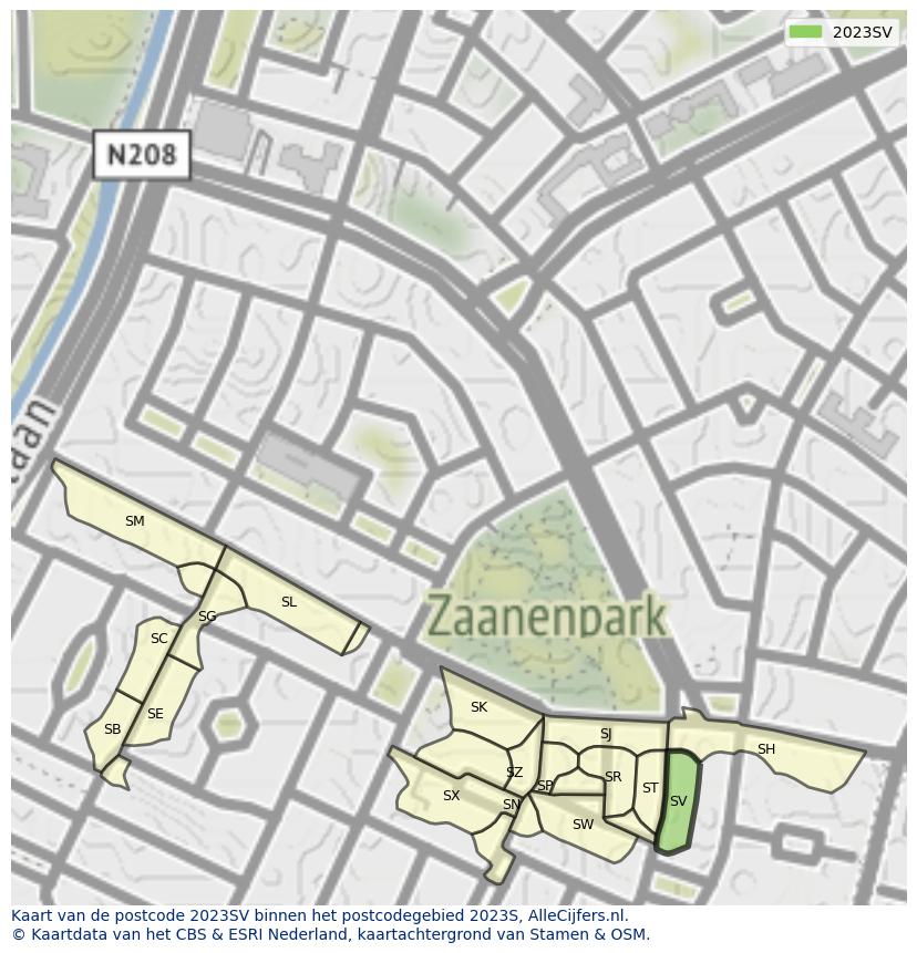 Afbeelding van het postcodegebied 2023 SV op de kaart.
