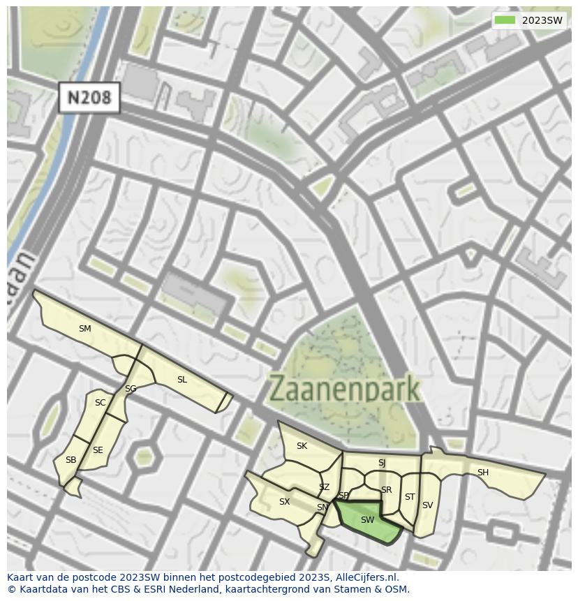 Afbeelding van het postcodegebied 2023 SW op de kaart.