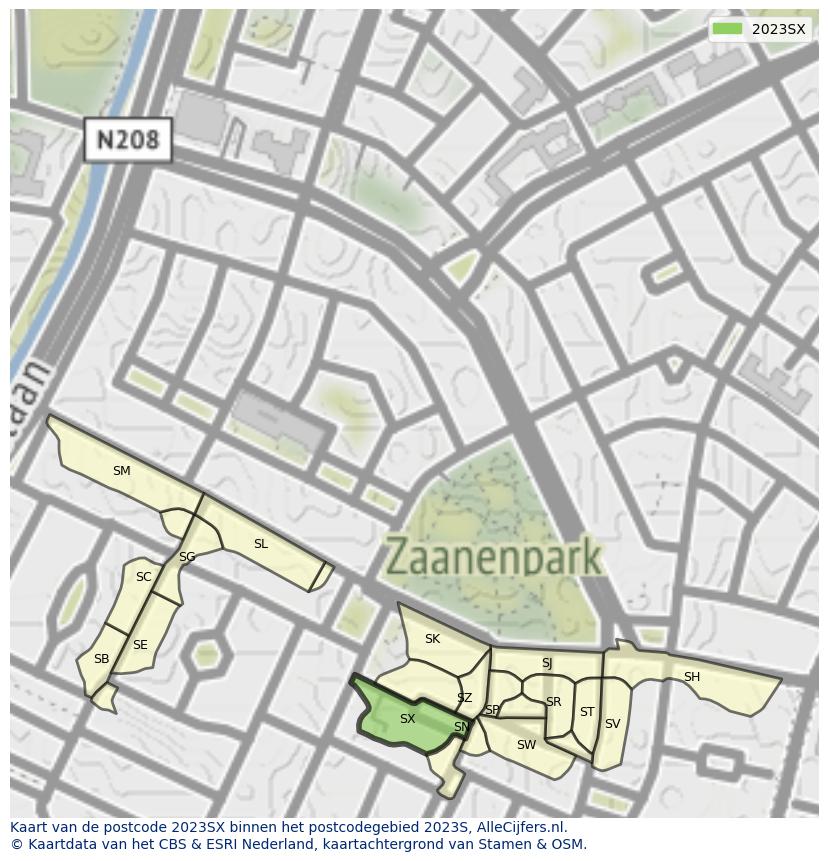 Afbeelding van het postcodegebied 2023 SX op de kaart.
