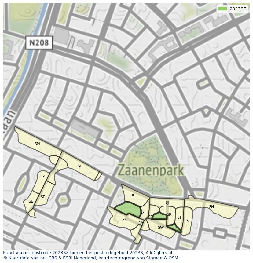Afbeelding van het postcodegebied 2023 SZ op de kaart.