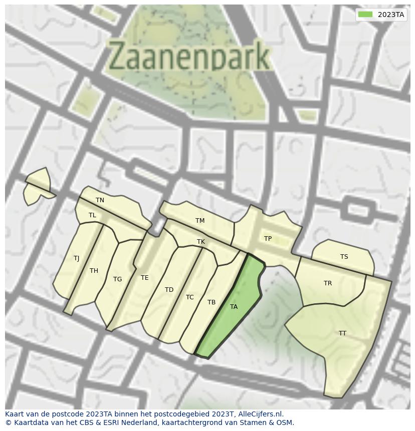 Afbeelding van het postcodegebied 2023 TA op de kaart.
