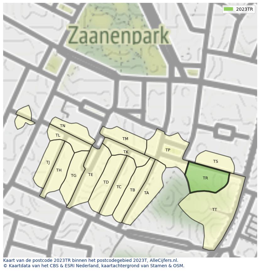 Afbeelding van het postcodegebied 2023 TR op de kaart.