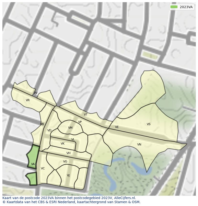 Afbeelding van het postcodegebied 2023 VA op de kaart.