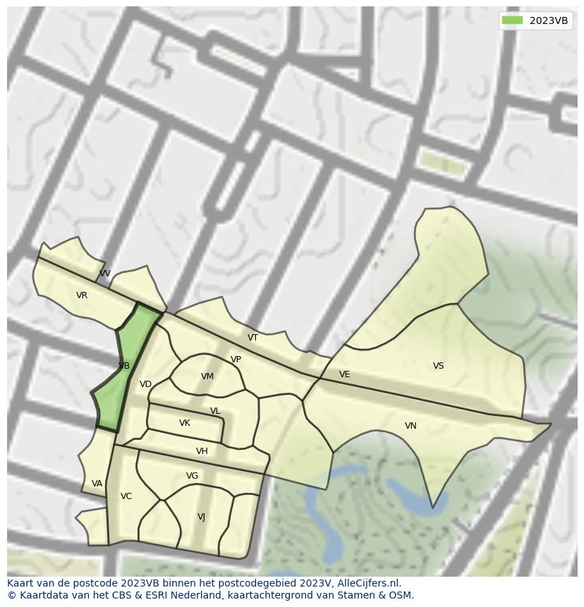 Afbeelding van het postcodegebied 2023 VB op de kaart.