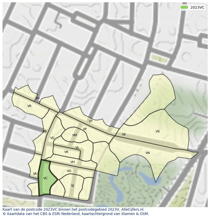 Afbeelding van het postcodegebied 2023 VC op de kaart.