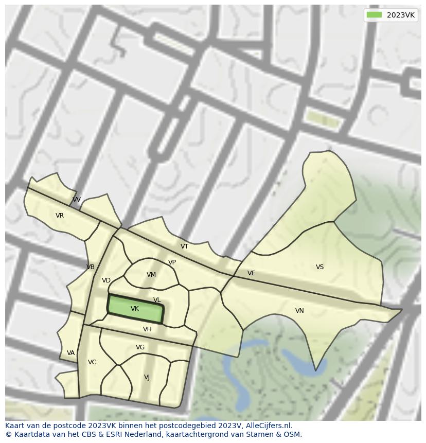 Afbeelding van het postcodegebied 2023 VK op de kaart.
