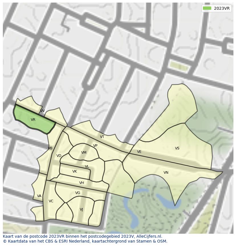 Afbeelding van het postcodegebied 2023 VR op de kaart.