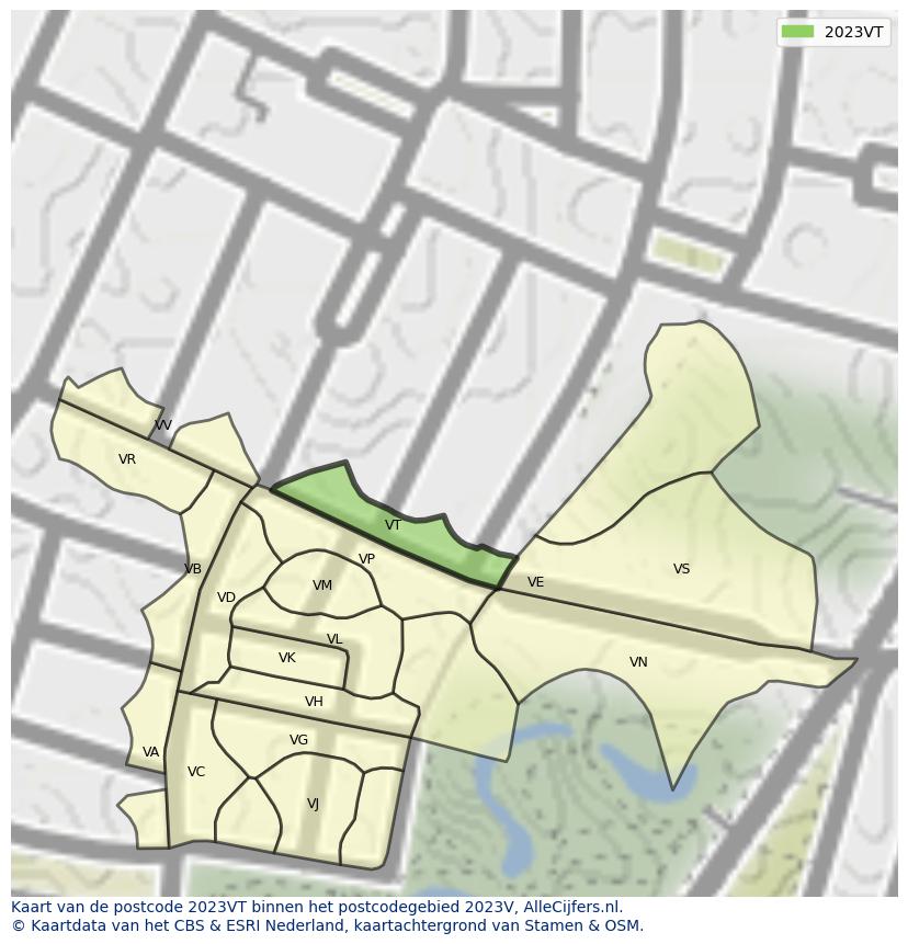Afbeelding van het postcodegebied 2023 VT op de kaart.