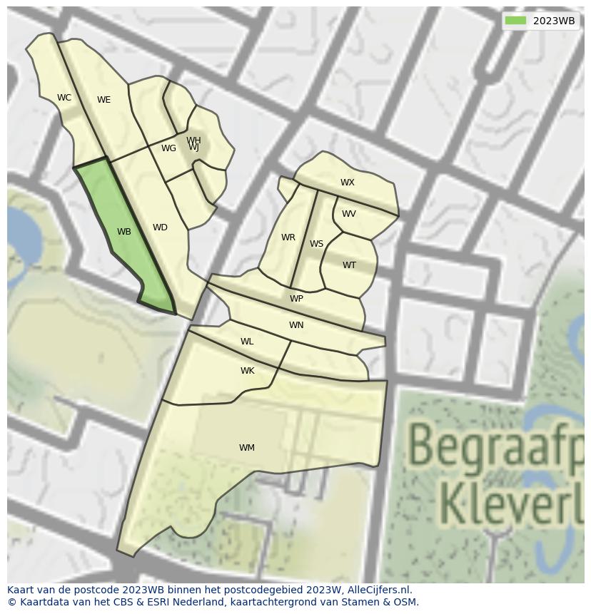Afbeelding van het postcodegebied 2023 WB op de kaart.