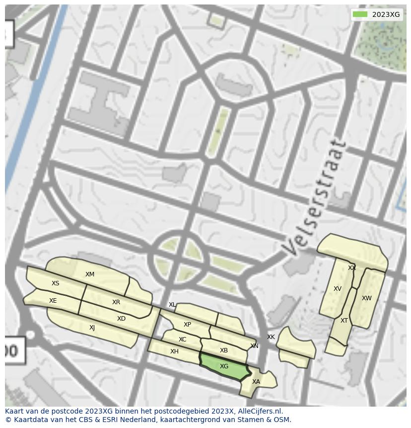 Afbeelding van het postcodegebied 2023 XG op de kaart.