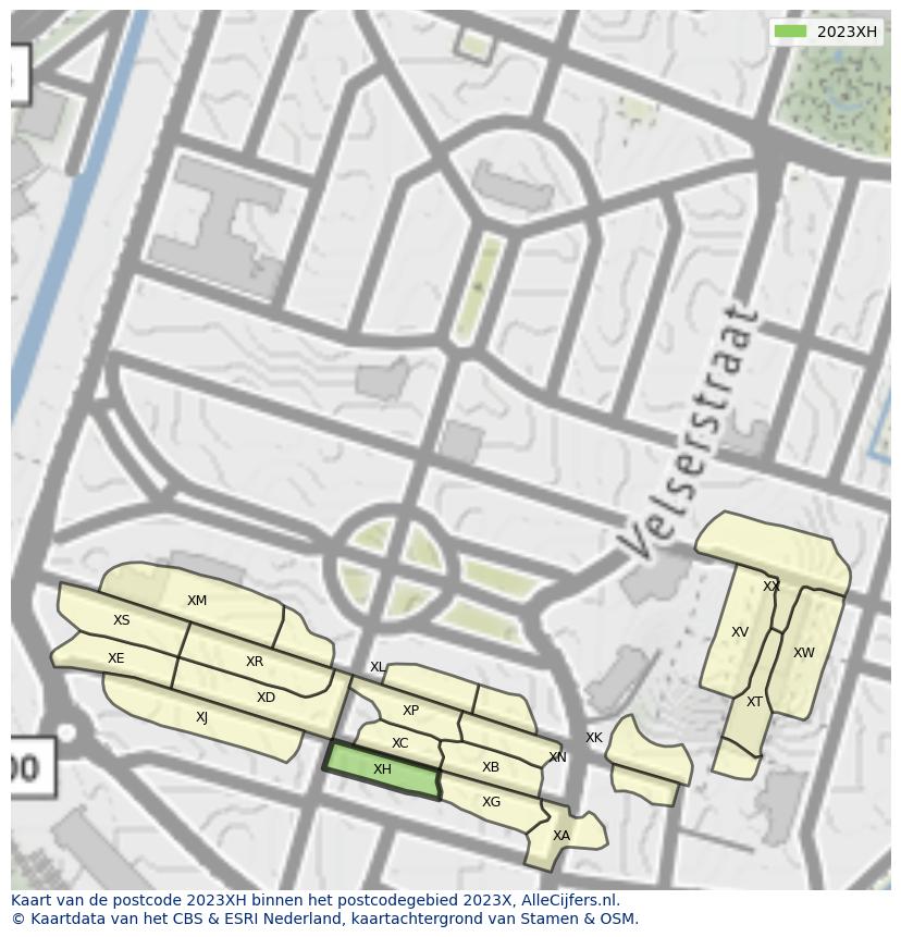 Afbeelding van het postcodegebied 2023 XH op de kaart.