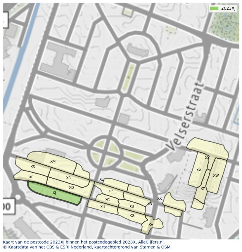 Afbeelding van het postcodegebied 2023 XJ op de kaart.