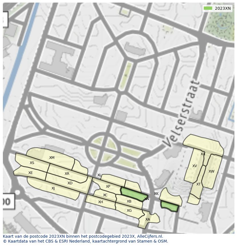 Afbeelding van het postcodegebied 2023 XN op de kaart.
