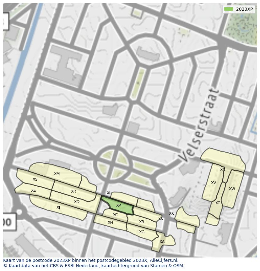 Afbeelding van het postcodegebied 2023 XP op de kaart.
