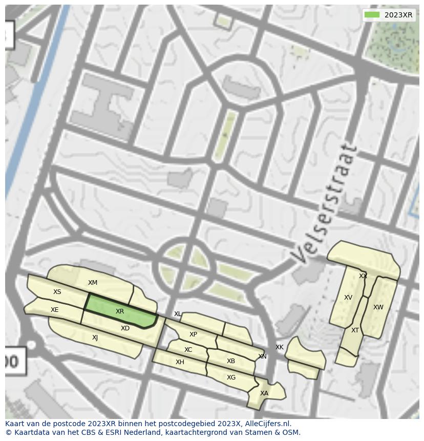 Afbeelding van het postcodegebied 2023 XR op de kaart.