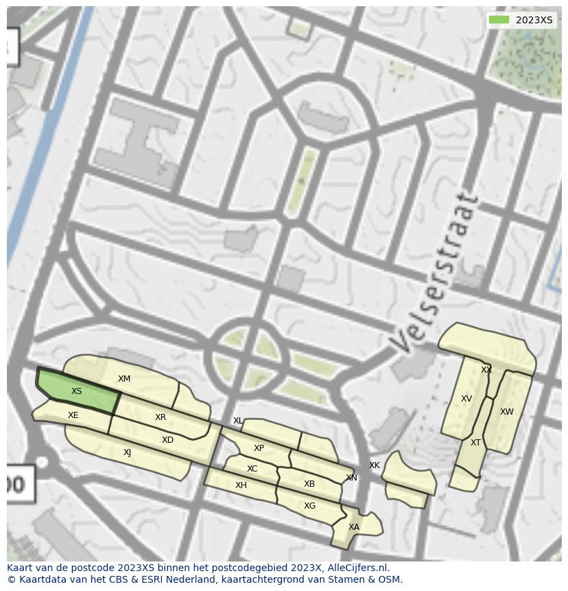 Afbeelding van het postcodegebied 2023 XS op de kaart.