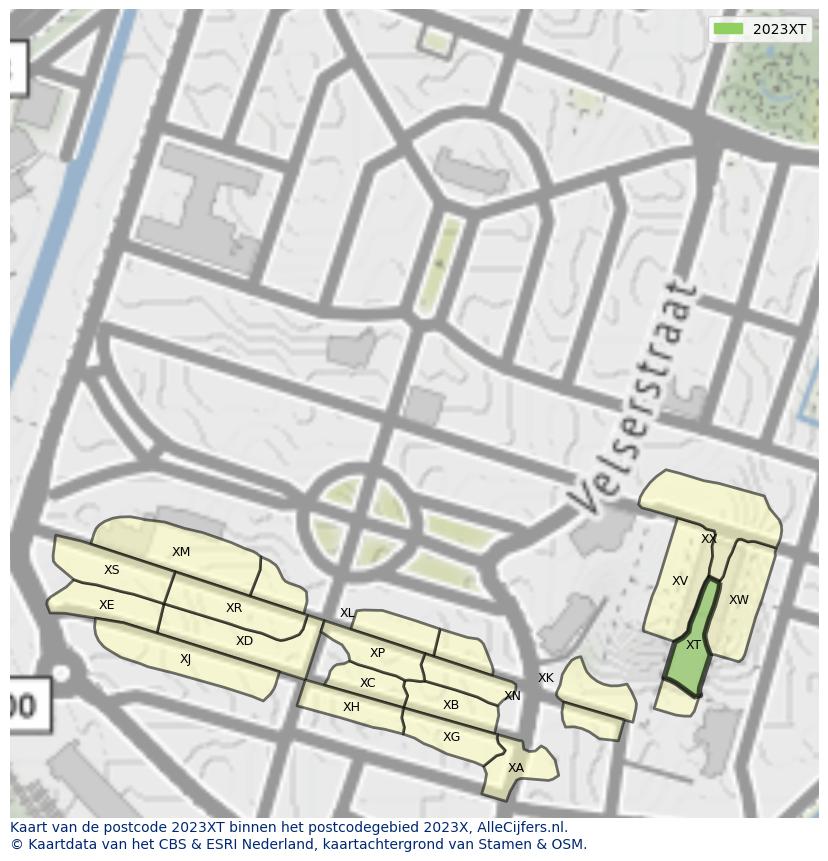 Afbeelding van het postcodegebied 2023 XT op de kaart.