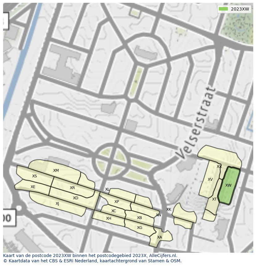 Afbeelding van het postcodegebied 2023 XW op de kaart.