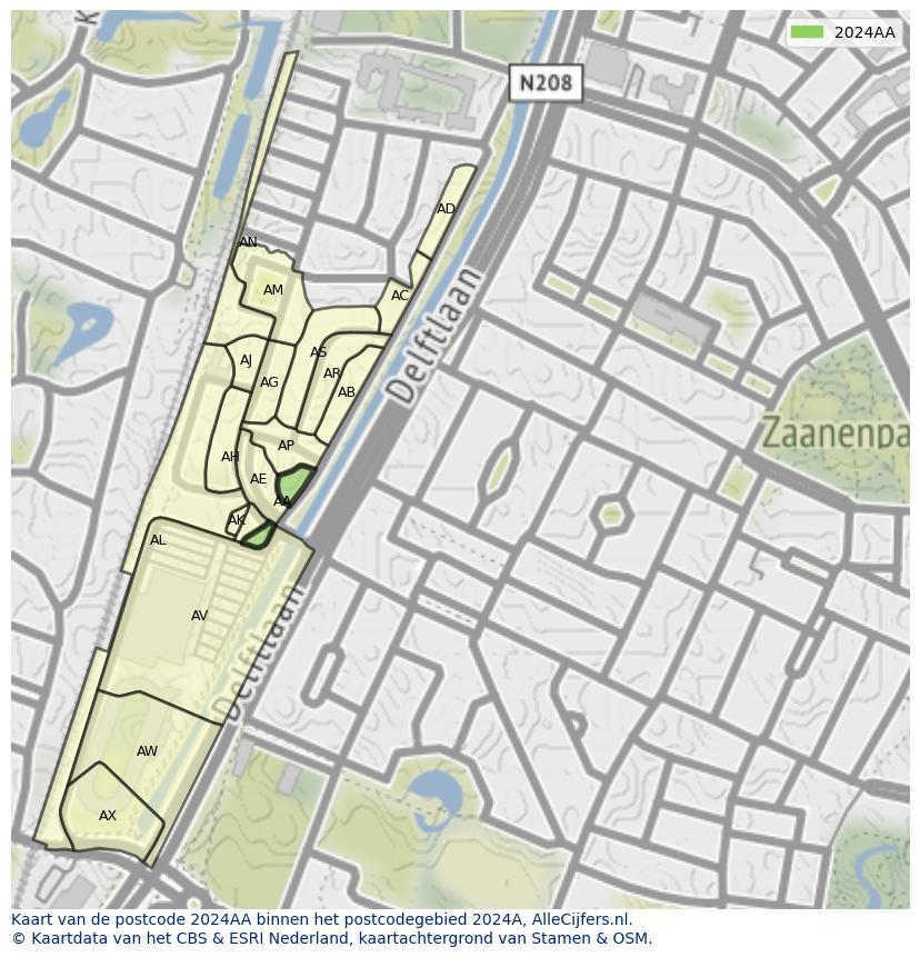 Afbeelding van het postcodegebied 2024 AA op de kaart.