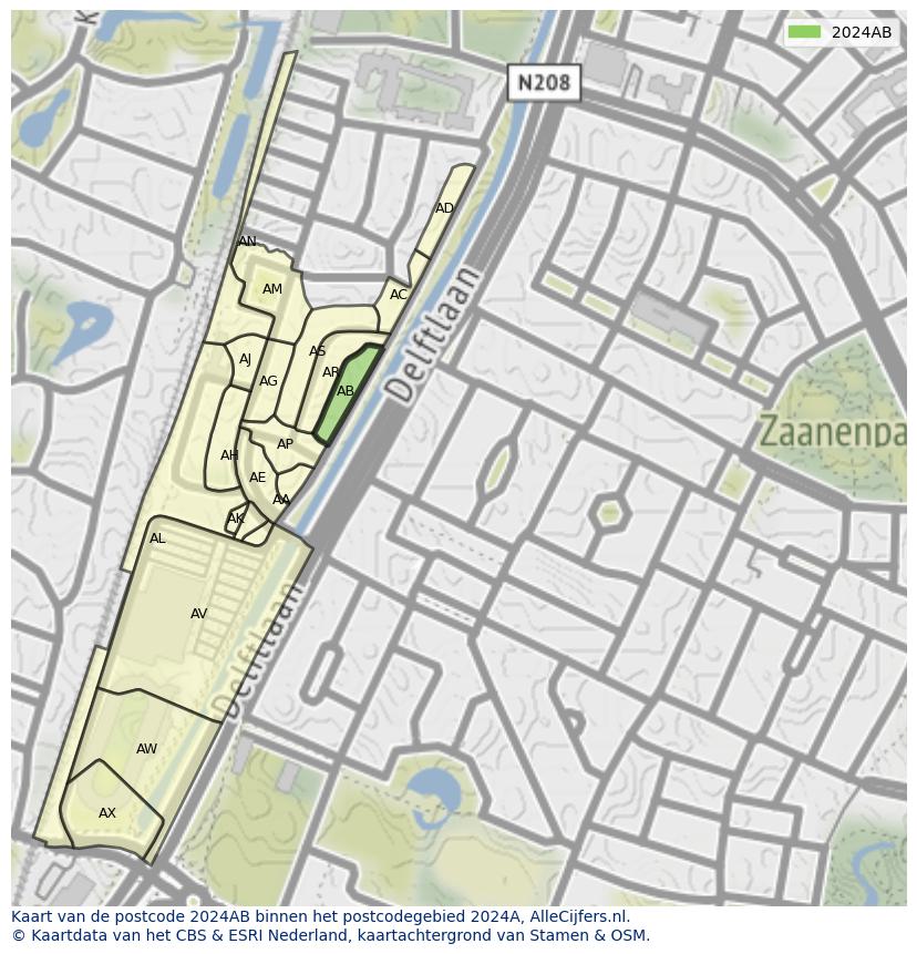 Afbeelding van het postcodegebied 2024 AB op de kaart.