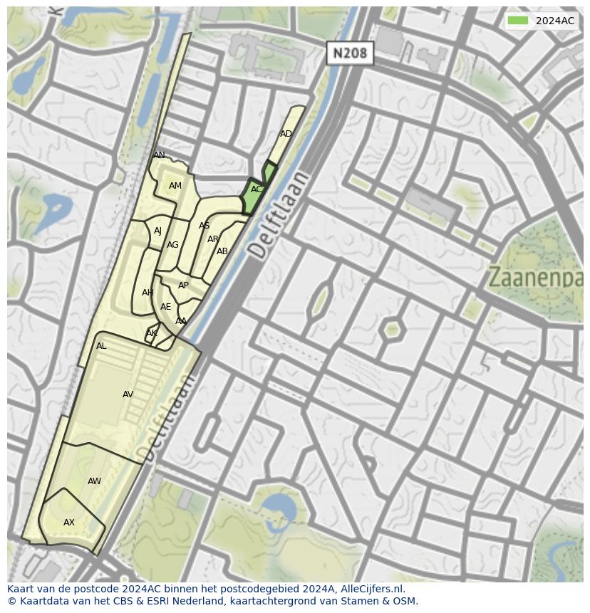 Afbeelding van het postcodegebied 2024 AC op de kaart.
