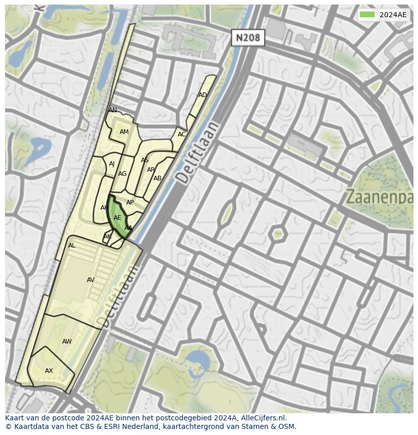 Afbeelding van het postcodegebied 2024 AE op de kaart.