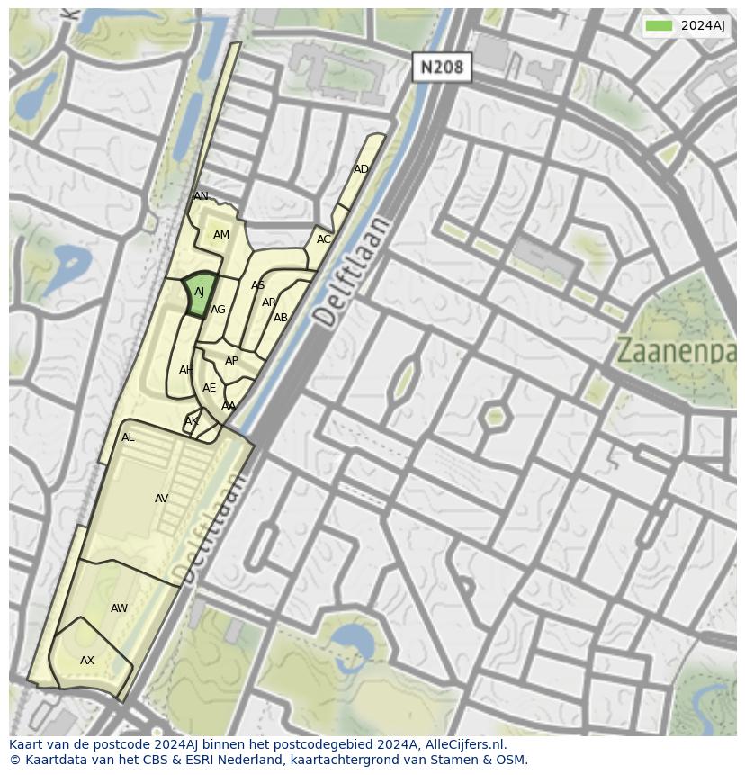 Afbeelding van het postcodegebied 2024 AJ op de kaart.