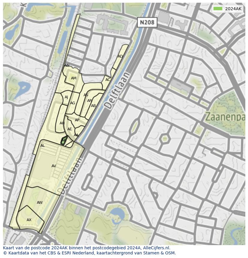 Afbeelding van het postcodegebied 2024 AK op de kaart.