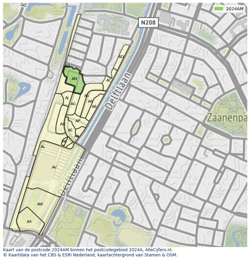 Afbeelding van het postcodegebied 2024 AM op de kaart.