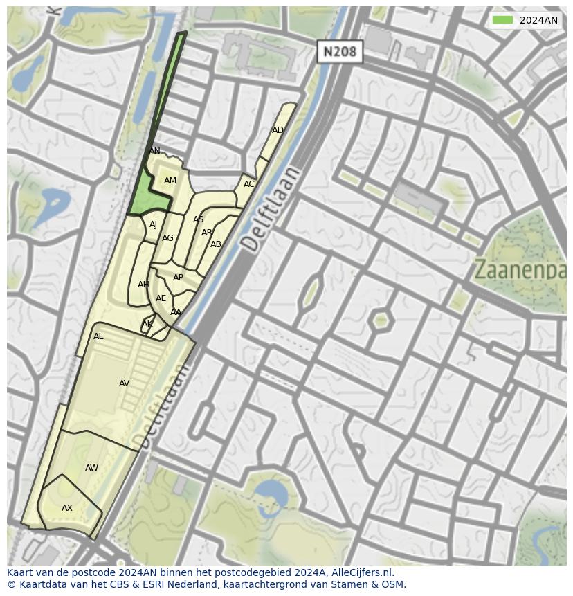 Afbeelding van het postcodegebied 2024 AN op de kaart.