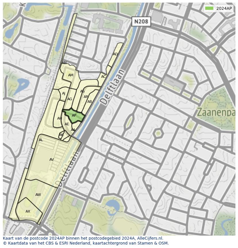 Afbeelding van het postcodegebied 2024 AP op de kaart.