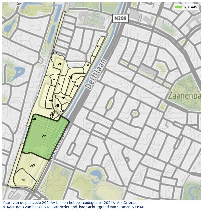 Afbeelding van het postcodegebied 2024 AV op de kaart.