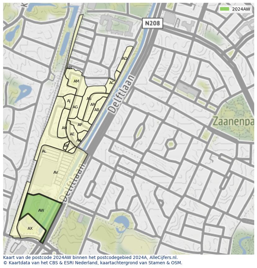 Afbeelding van het postcodegebied 2024 AW op de kaart.