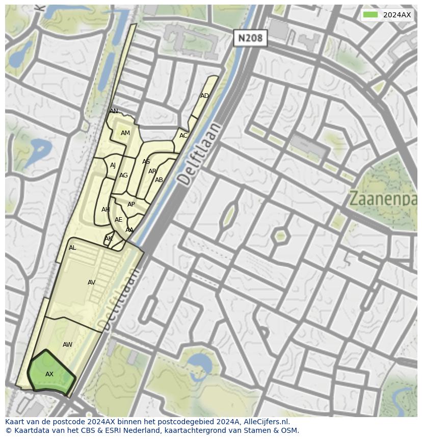 Afbeelding van het postcodegebied 2024 AX op de kaart.
