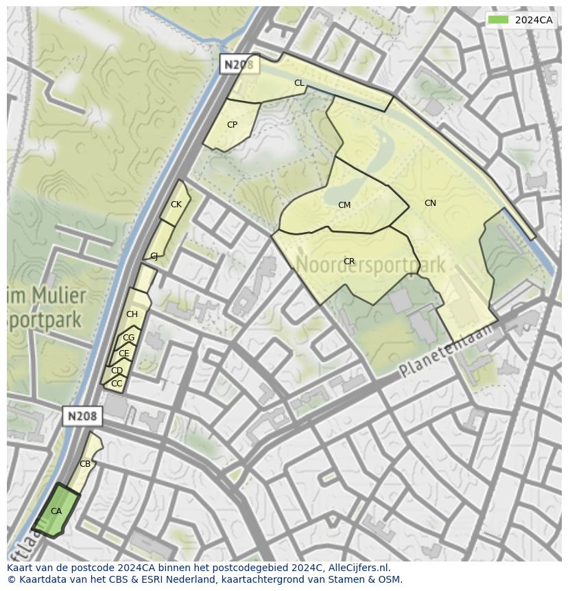Afbeelding van het postcodegebied 2024 CA op de kaart.