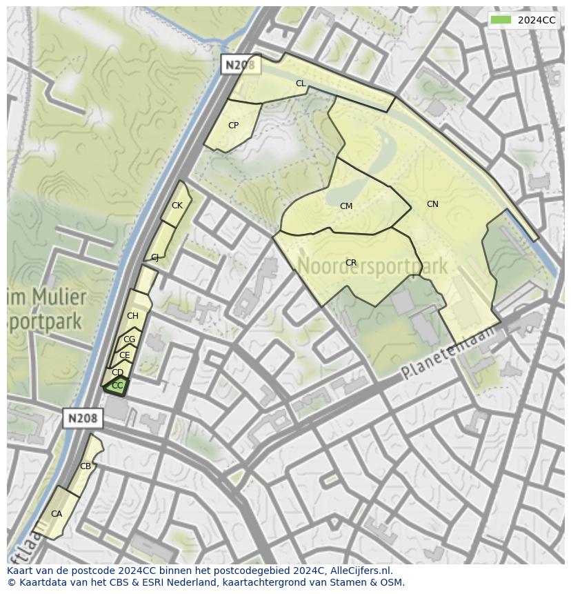 Afbeelding van het postcodegebied 2024 CC op de kaart.