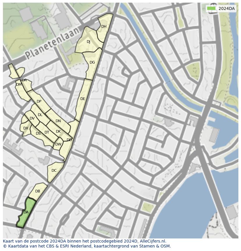 Afbeelding van het postcodegebied 2024 DA op de kaart.
