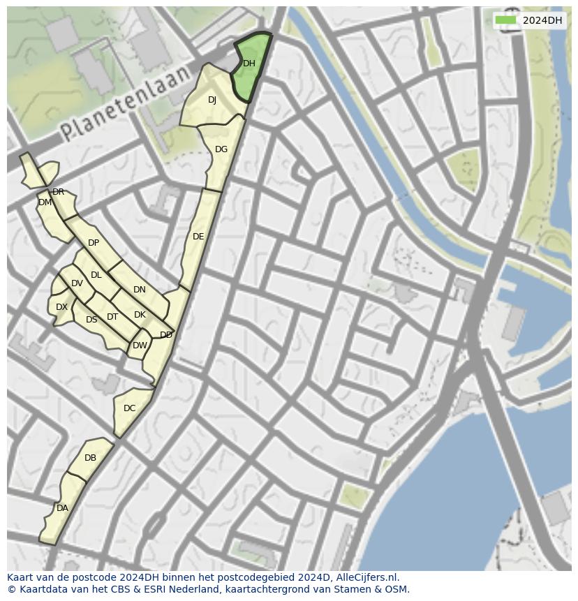 Afbeelding van het postcodegebied 2024 DH op de kaart.
