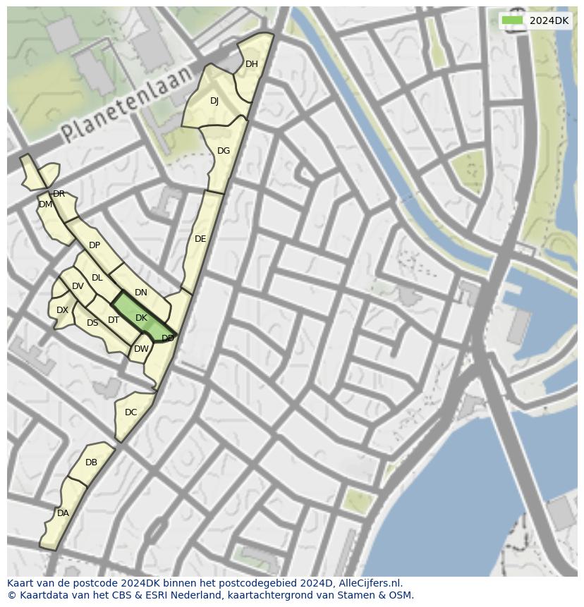 Afbeelding van het postcodegebied 2024 DK op de kaart.